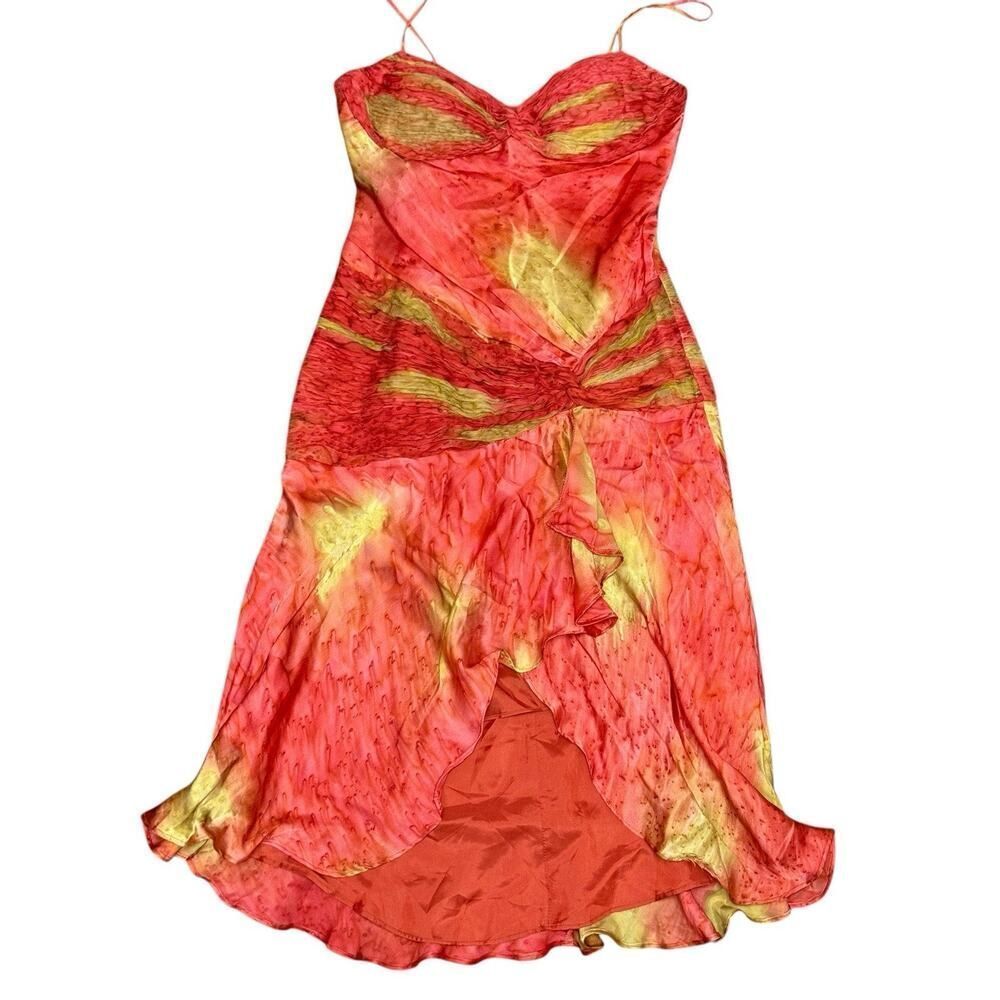 Dolce Jovani Y2K Silk Dress Sz 10 Ruched Asymmetrical Hem Slip Style Orange Red